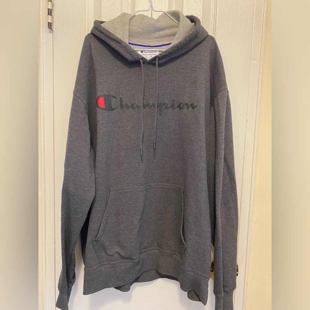 CHAMPION Pullover Hoodie Men’s Sz XL Dark Gray logo on front & sleeve